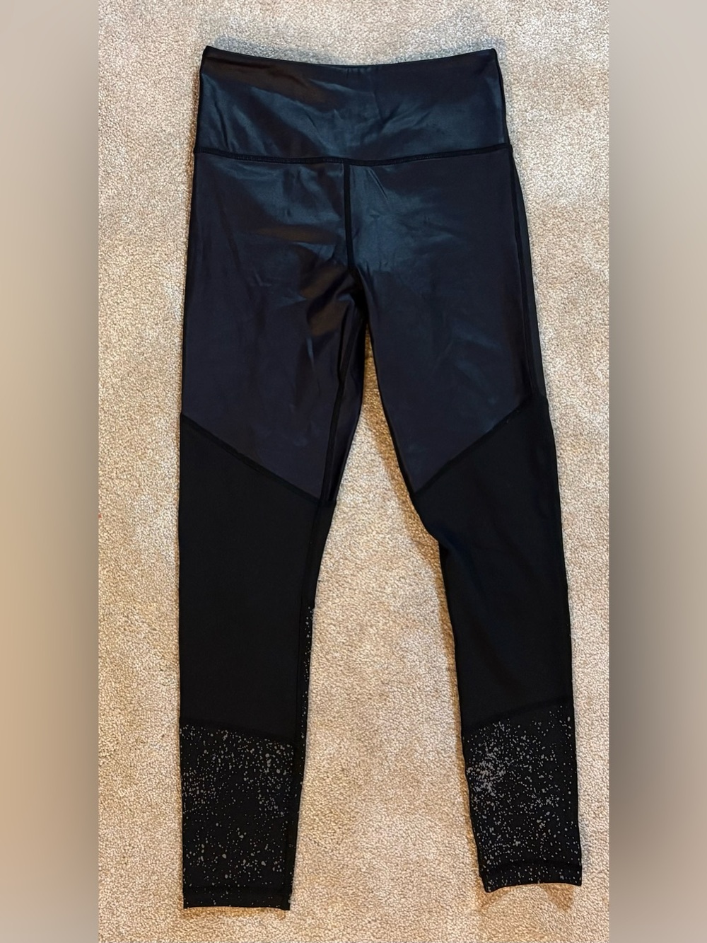 ZYIA Active Black Shiny Leggings Size 4 Metallic Splatter Detail High Rise